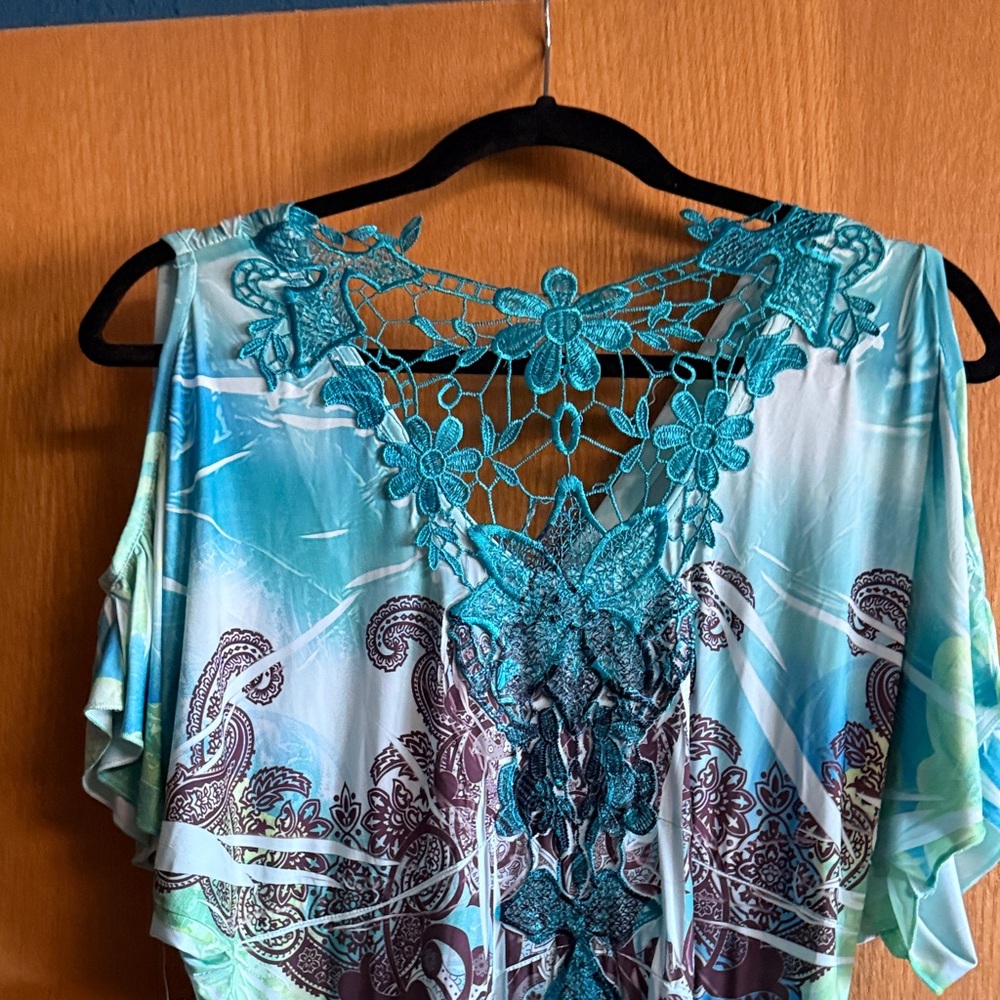 ONE WORLD Teal and Brown Patterned Dress - Picture 4 of 5